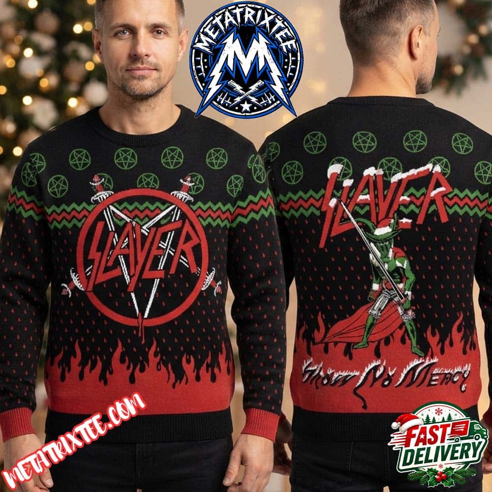 Slayer Band Iconic Logo And Demon Figure Festive Black Knit Sweater With Zigzag Border Ugly Christmas Sweater Gift For Holiday 2026 Slayer Band Iconic Logo And Demon Figure Festive Black Knit Sweater With Zigzag Border Ugly Christmas Sweater Gift For Holiday 2026