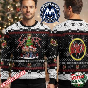 Slayer Band Members With Santa Hats And Christmas Tree Graphic Black White Sweater Featuring Pentagram Logo 2026 Knitted Ugly Christmas Sweater