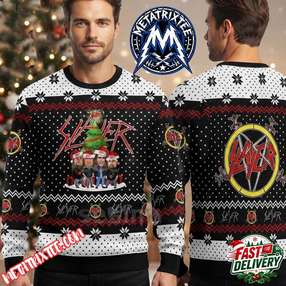 Slayer Band Members With Santa Hats And Christmas Tree Graphic Black White Sweater Featuring Pentagram Logo 2026 Knitted Ugly Christmas Sweater Slayer Band Members With Santa Hats And Christmas Tree Graphic Black White Sweater Featuring Pentagram Logo 2026 Knitted Ugly Christmas Sweater