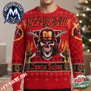 Slayer Band Skull Logo And Jesus Saves Graphic Red Knitted Sweater With Flame And Cross Patterns 2026 Knitted Ugly Christmas Sweater