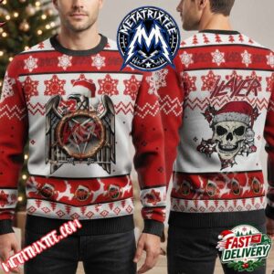 Slayer Eagle Crest Pentagram And Skull Santa Hat Graphic Red And White Knit Sweater Ugly Christmas Sweater Gift For Holiday 2026