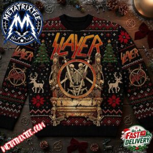 Slayer Graphic Sweater Black Red Knit With Skeleton Figures And Snowflakes 2026 Personalized Christmas Ugly Christmas Sweater