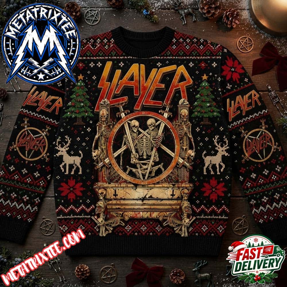 Slayer Graphic Sweater Black Red Knit With Skeleton Figures And Snowflakes 2026 Personalized Christmas Ugly Christmas Sweater Slayer Graphic Sweater Black Red Knit With Skeleton Figures And Snowflakes 2026 Personalized Christmas Ugly Christmas Sweater