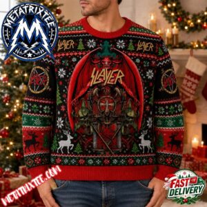 Slayer Graphic Sweater Red Black Knit With Demon Figure And Symbols Christmas Gift Custom Ugly Christmas Sweater