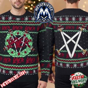 Slayer Heavy Metal Graphic Festive Knit Sweater Featuring Pentagram Swords And Holiday Wreath 2026 Knitted Ugly Christmas Sweater