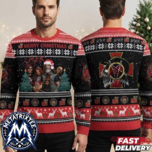 Slayer Iconic Musicians Santa Hat Pattern Black Knit Sweater Featuring Holiday Trees And Presents 2026 Knitted Ugly Christmas Sweater