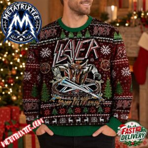 Slayer Logo Festive Knit Apparel Red Green Design With Horned Beast And Swords XMAS Collectors Edition Ugly Christmas Sweater