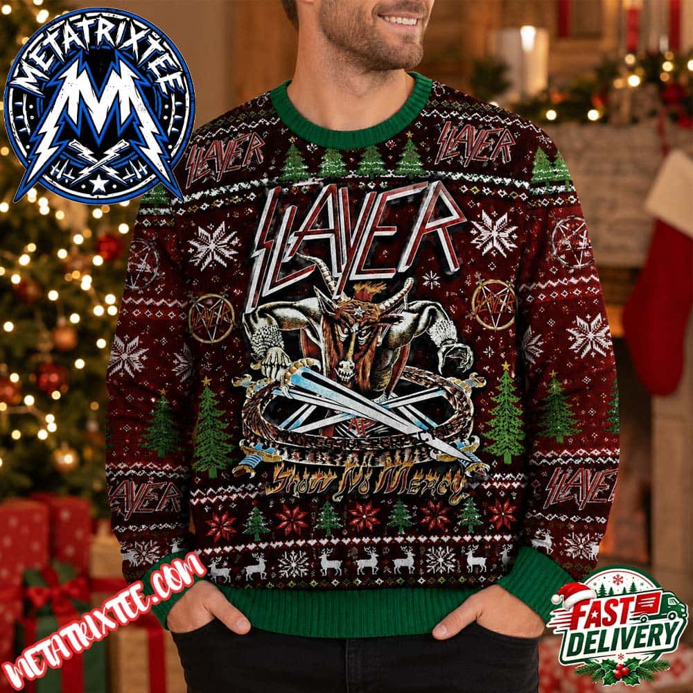 Slayer Logo Festive Knit Apparel Red Green Design With Horned Beast And Swords XMAS Collectors Edition Ugly Christmas Sweater Slayer Logo Festive Knit Apparel Red Green Design With Horned Beast And Swords XMAS Collectors Edition Ugly Christmas Sweater