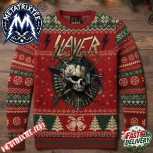 Slayer Skull Graphic Red Green Pattern With Christmas Trees And Bells 2026 Knitted Ugly Christmas Sweater