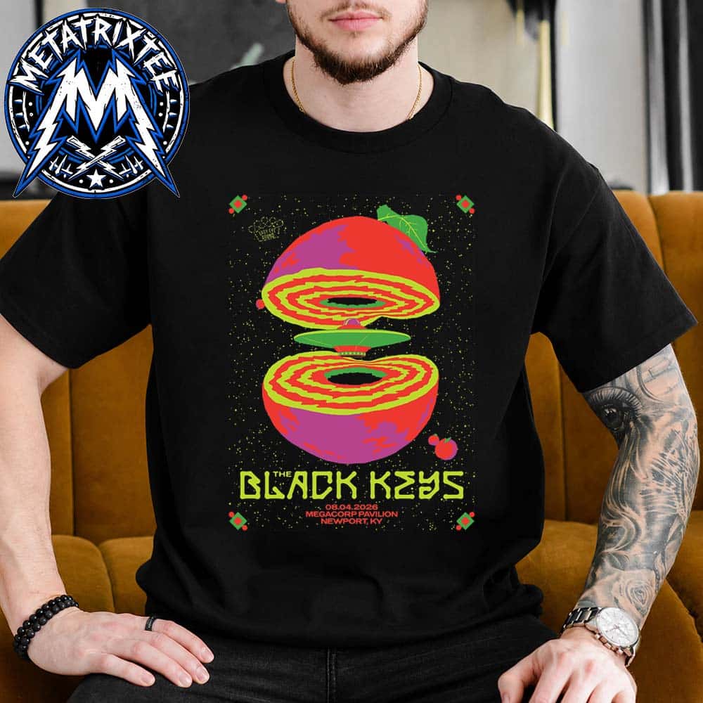 The Black Keys Poster For Peaches N Kream Tour At The MegaCorp Pavilion Outdoor In Newport Kentucky On August 4 2026 Black T-Shirt The Black Keys Poster For Peaches N Kream Tour At The MegaCorp Pavilion Outdoor In Newport Kentucky On August 4 2026 Black T-Shirt
