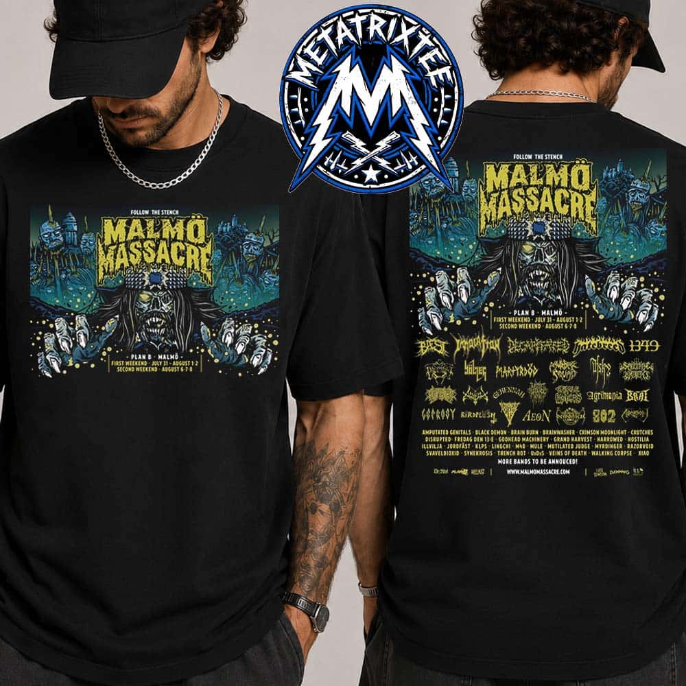 The Malmo Massacre 2026 Festival Line Up On July 31 To August 1–2 and August 6–7–8 At The Plan B Venue In Malmo Sweden Two Sided Print T-Shirt The Malmo Massacre 2026 Festival Line Up On July 31 To August 1–2 and August 6–7–8 At The Plan B Venue In Malmo Sweden Two Sided Print T-Shirt