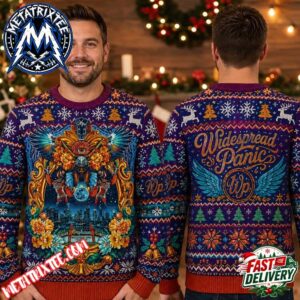 Widespread Panic Band Cityscape Art Purple Sweater Featuring Ornate Gold Frames And Festive Snowflakes Ugly Christmas Sweater 2026