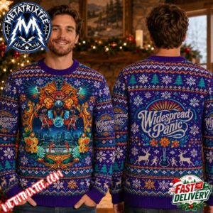 Widespread Panic Band Orpheum Marquee And Skeleton Art Purple Knitted Ugly Christmas Sweater XMAS2026