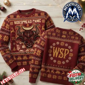 Widespread Panic Bull Head Graphic Red Maroon Base With Golden Snowflake Patterns Ugly Christmas Sweater 2026