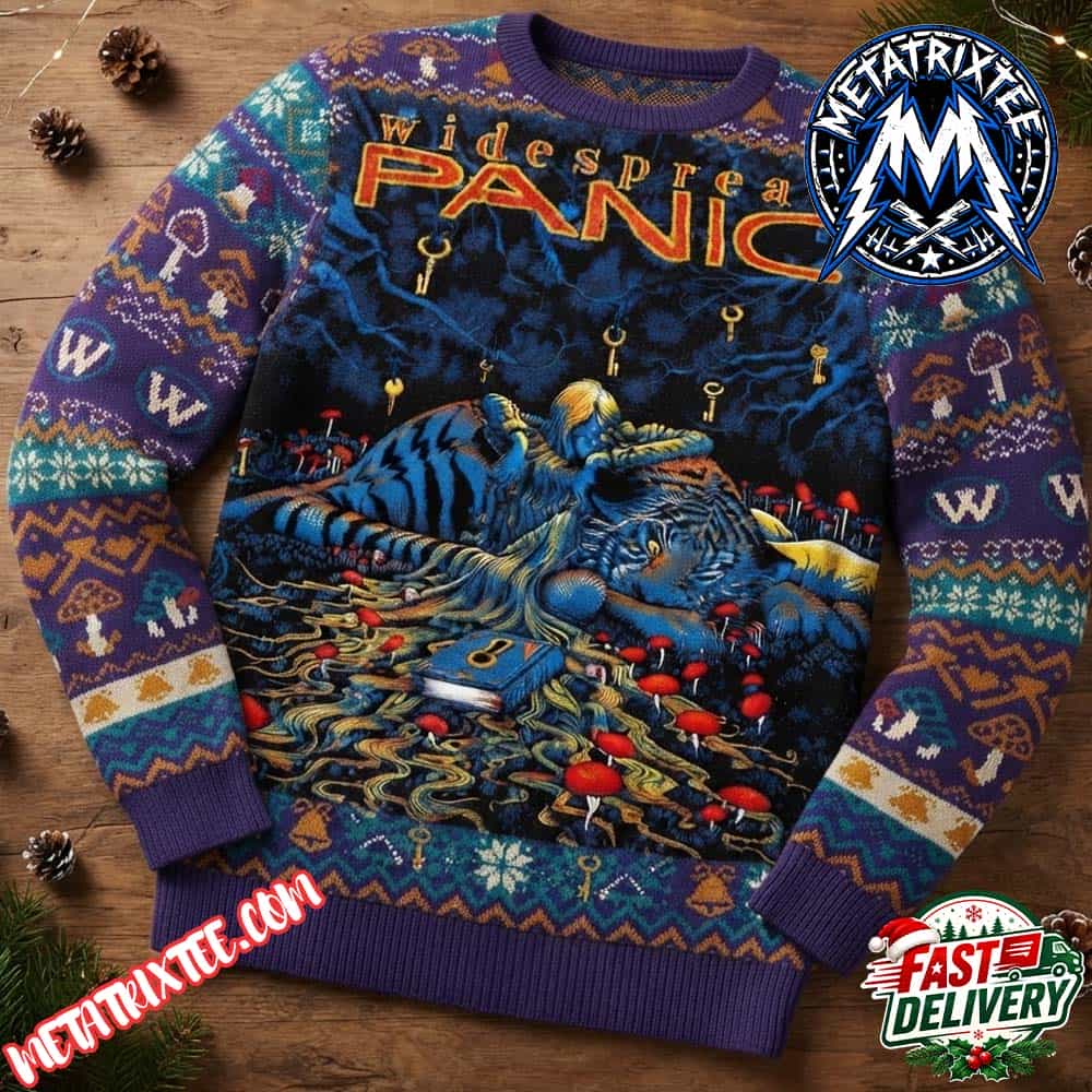 Widespread Panic Tiger Lying On Mushrooms Purple Knitted Pattern 2026 Knitted Ugly Christmas Sweater Widespread Panic Tiger Lying On Mushrooms Purple Knitted Pattern 2026 Knitted Ugly Christmas Sweater