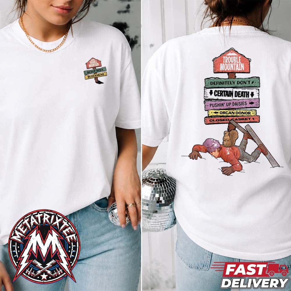 Aesop Rock And Blockhead Slopes Tee For Trouble Mountain New Album 2026 Two Sided Print White T-Shirt Aesop Rock And Blockhead Slopes Tee For Trouble Mountain New Album 2026 Two Sided Print White T-Shirt