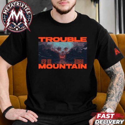 Black graphic t-shirt featuring the Aesop Rock and Blockhead Trouble Mountain skull landscape print