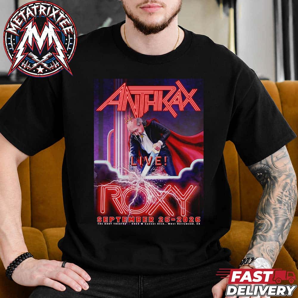 Anthrax West Hollywood One-Night-Only 2026 Poster CURSUM PERFICIO Release For The Roxy Theatre In California On September 26 2026 Short Black T-Shirt Anthrax West Hollywood One-Night-Only 2026 Poster CURSUM PERFICIO Release For The Roxy Theatre In California On September 26 2026 Short Black T-Shirt