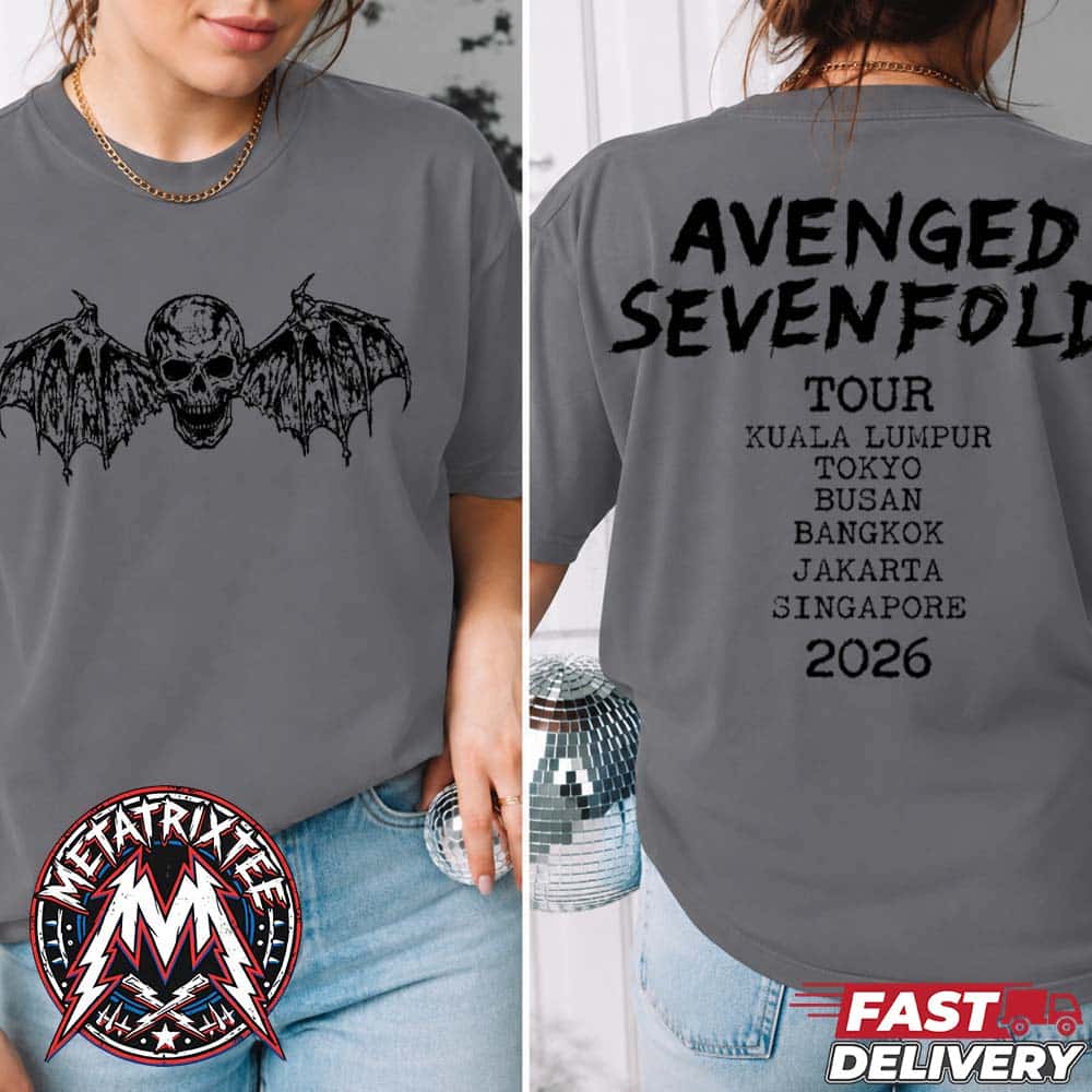 Avenged Sevenfold Deathbat 2026 Asia Tour Dates For Kuala Lumpur Tokyo Busan Bangkok Jakarta Singapore Two Sided Charcoal T-Shirt Avenged Sevenfold Deathbat 2026 Asia Tour Dates For Kuala Lumpur Tokyo Busan Bangkok Jakarta Singapore Two Sided Charcoal T-Shirt