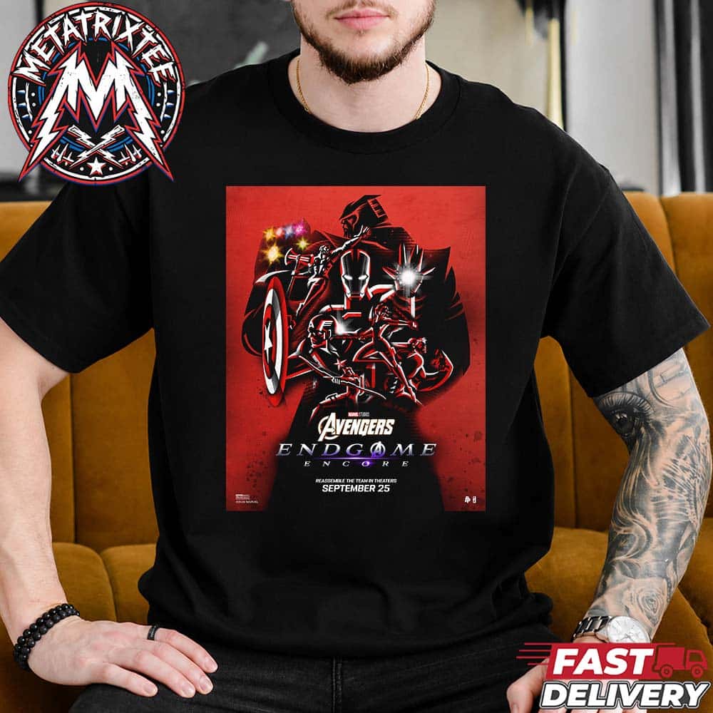 Avengers Endgame Encore Poster Illustrated By Kaz Oomori Reassemble The Team In Theaters September 25 2026 Short Black T-Shirt Avengers Endgame Encore Poster Illustrated By Kaz Oomori Reassemble The Team In Theaters September 25 2026 Short Black T-Shirt