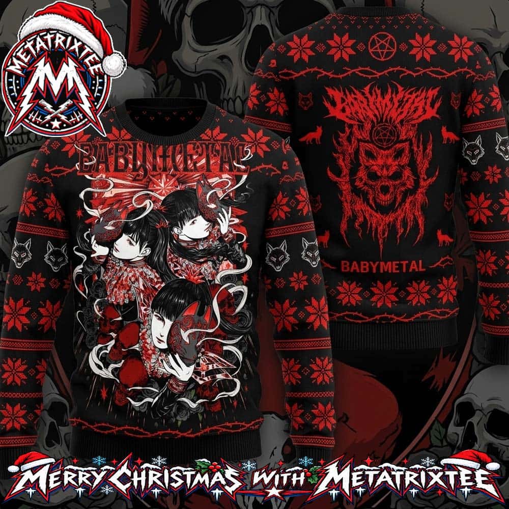 Babymetal Fox Mask Anime Girls And Death Metal Skull Knitted Ugly Christmas Sweater Gift For Holiday 2026 Babymetal Fox Mask Anime Girls And Death Metal Skull Knitted Ugly Christmas Sweater Gift For Holiday 2026