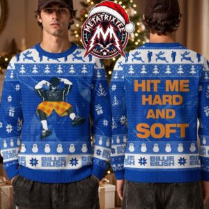 Billie Eilish Album Cover Pose And Hit Me Hard And Soft Typography Blue 2026 Knitted Ugly Christmas Sweater