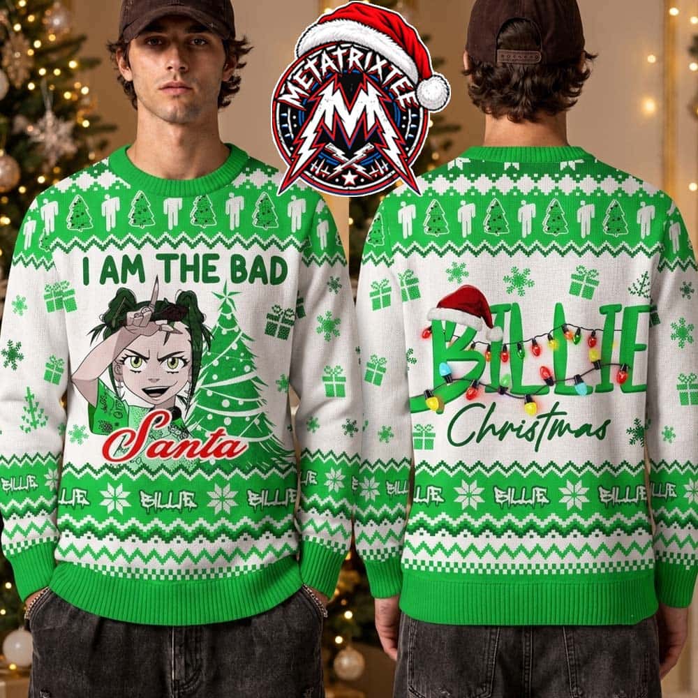 Billie Eilish Anime Santa I Am The Bad Guy Green Fair Isle Knitted 2026 Knitted Ugly Christmas Sweater Billie Eilish Anime Santa I Am The Bad Guy Green Fair Isle Knitted 2026 Knitted Ugly Christmas Sweater