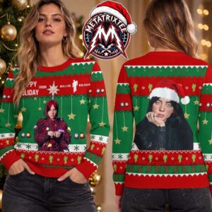 Billie Eilish Happy Holiday Santa Hat Graphic Personalized Christmas 2026 Holiday Ugly Christmas Sweater