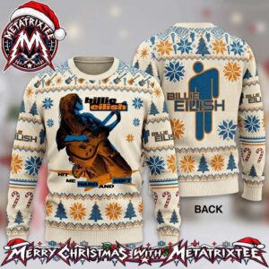 Billie Eilish Hit Me Hard And Soft Guitar Graphic Blohsh Logo Snowflake Pattern 2026 Knitted Ugly Christmas Sweater