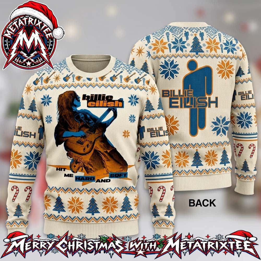 Billie Eilish Hit Me Hard And Soft Guitar Graphic Blohsh Logo Snowflake Pattern 2026 Knitted Ugly Christmas Sweater Billie Eilish Hit Me Hard And Soft Guitar Graphic Blohsh Logo Snowflake Pattern 2026 Knitted Ugly Christmas Sweater