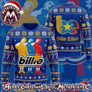 Billie Eilish Pop Art Trio Silhouette And BE Star Logo Blue Knitted Pattern Holiday Christmas Xmas Ugly Christmas Sweater