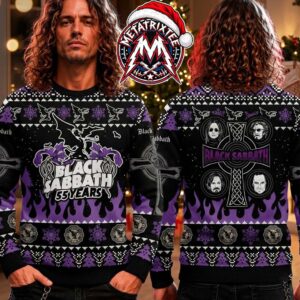 Black Sabbath 55 Years Heavy Metal Band Purple Celtic Cross Flying Devil Knit Pattern 2026 Knitted Ugly Christmas Sweater