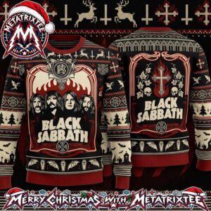 Black Sabbath Band Portrait Gothic Cross Bat Pattern Gift For Fan Knitted Ugly Christmas Sweater