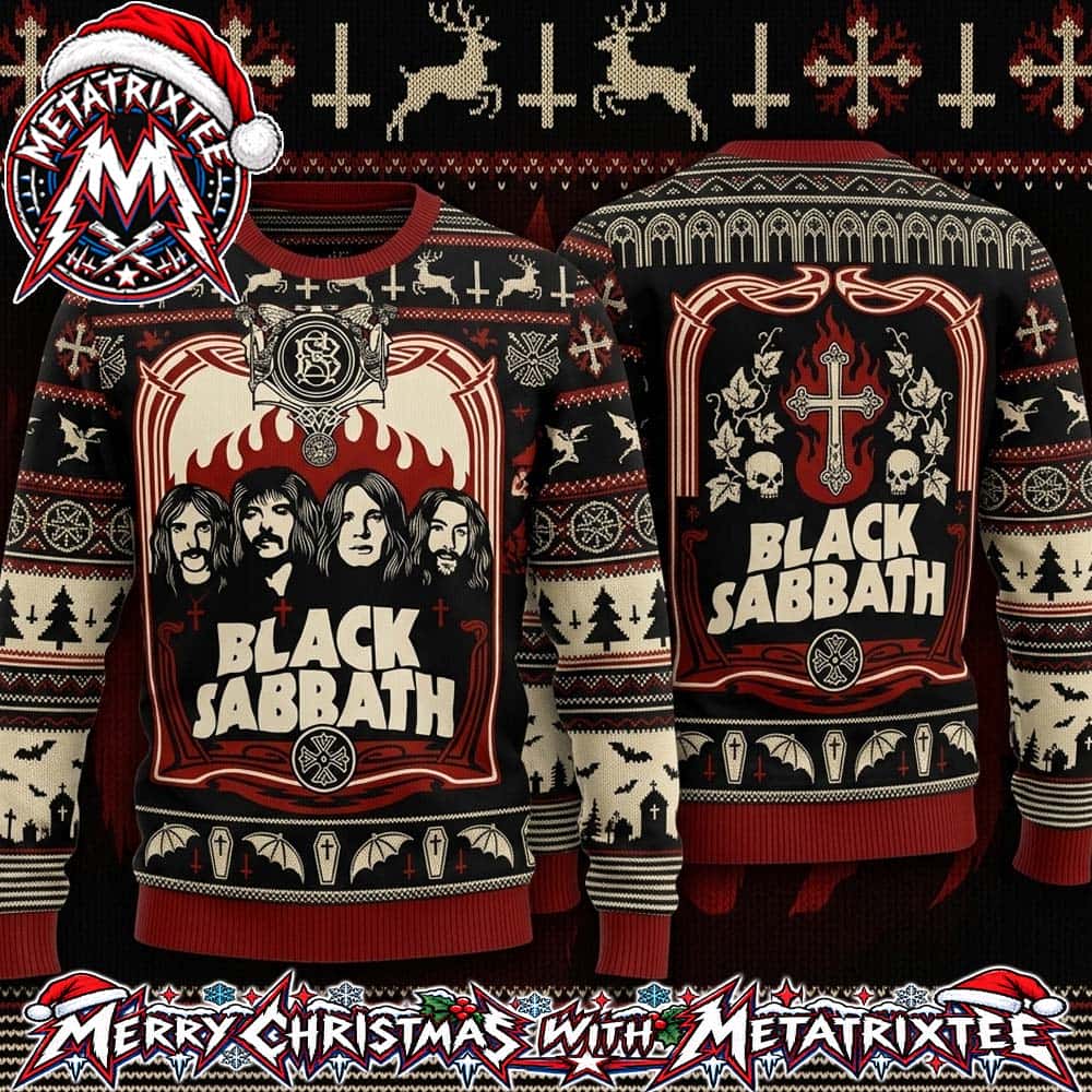 Black Sabbath Band Portrait Gothic Cross Bat Pattern Gift For Fan Knitted Ugly Christmas Sweater Black Sabbath Band Portrait Gothic Cross Bat Pattern Gift For Fan Knitted Ugly Christmas Sweater