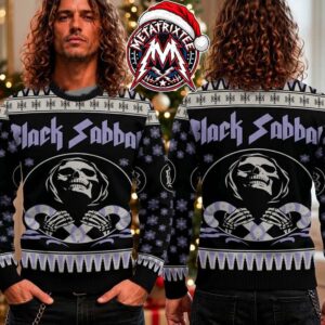 Black Sabbath Grim Reaper Holding Candy Canes And Snowflakes Pattern 2026 Knitted Ugly Christmas Sweater