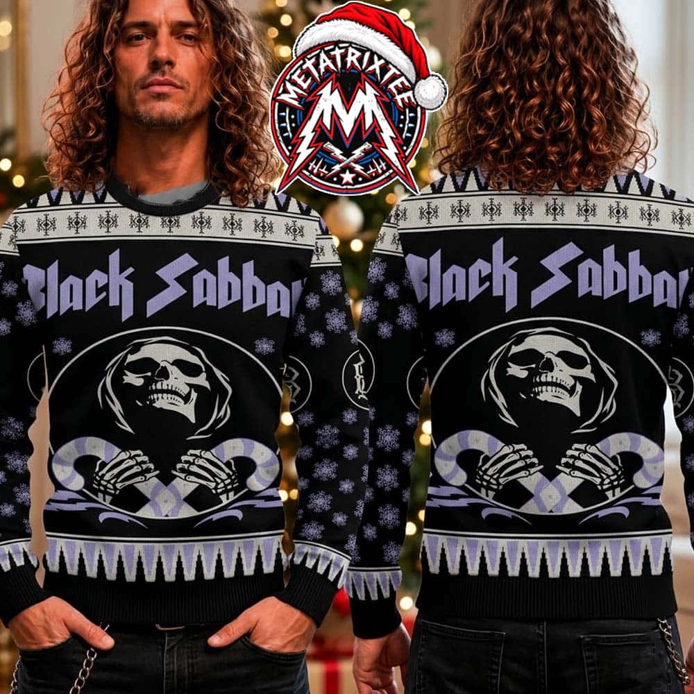 Black Sabbath Grim Reaper Holding Candy Canes And Snowflakes Pattern 2026 Knitted Ugly Christmas Sweater Black Sabbath Grim Reaper Holding Candy Canes And Snowflakes Pattern 2026 Knitted Ugly Christmas Sweater