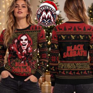 Black Sabbath Ozzy Osbourne Band Graphic Red Black Knitted Ugly Christmas Sweater