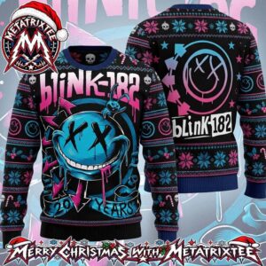 Blink-182 20 Years Graffiti Dripping Smiley Face Rabbit Neon Pink Cyan Knitted Pattern Gift For Fan Knitted Ugly Christmas Sweater