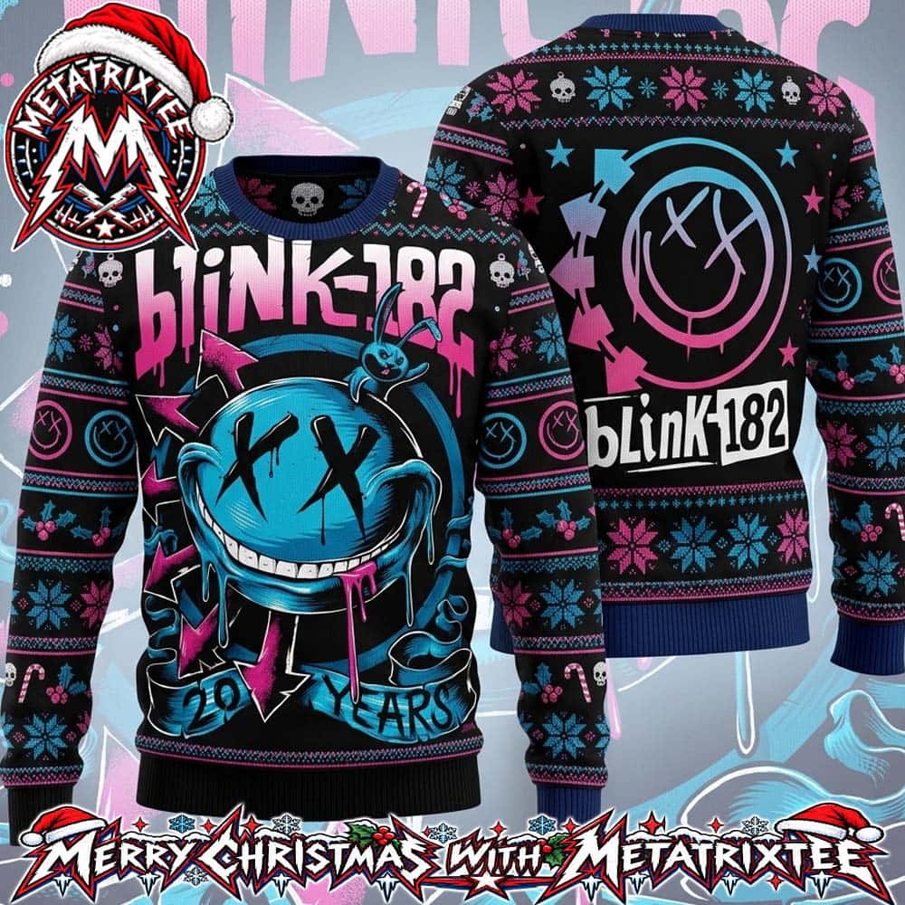 Blink-182 20 Years Graffiti Dripping Smiley Face Rabbit Neon Pink Cyan Knitted Pattern Gift For Fan Knitted Ugly Christmas Sweater Blink-182 20 Years Graffiti Dripping Smiley Face Rabbit Neon Pink Cyan Knitted Pattern Gift For Fan Knitted Ugly Christmas Sweater
