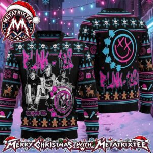Blink-182 Band One More Time Bench Graffiti Smiley Face Knit Pattern 2026 Knitted Ugly Christmas Sweater
