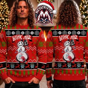 Blink-182 Band Punk Rock Snowman Carrying Boombox Christmas Tree Pattern Red 2026 Knitted Ugly Christmas Sweater