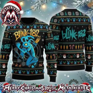 Blink-182 Blue Bunny Running With Carrot Graphic Holiday Christmas Xmas Ugly Christmas Sweater