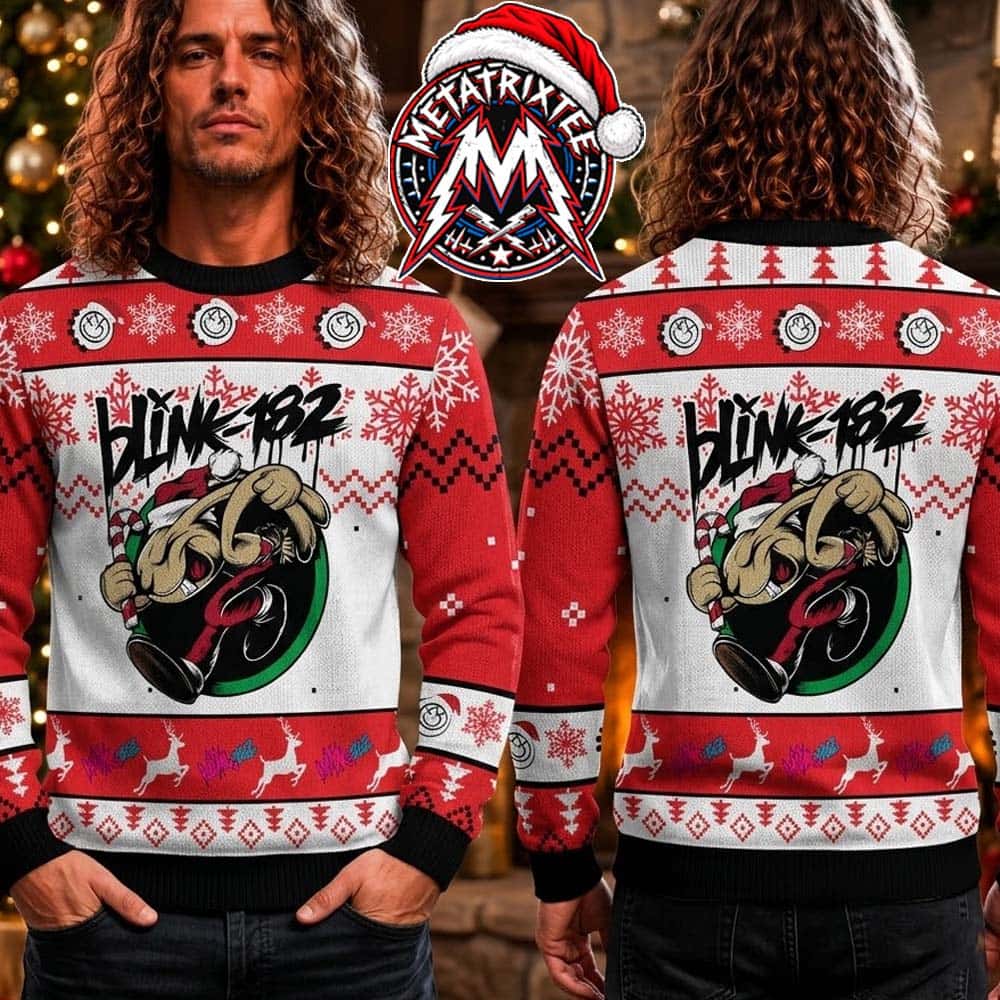 Blink-182 Bunny Mascot Running With Candy Cane Snowflakes And Reindeer Pattern 2026 Knitted Ugly Christmas Sweater Blink-182 Bunny Mascot Running With Candy Cane Snowflakes And Reindeer Pattern 2026 Knitted Ugly Christmas Sweater