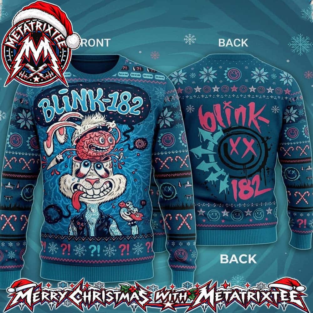 Blink-182 Crazy Punk Rabbit Brain Surgery Smiley Logo 2026 Knitted Ugly Christmas Sweater Blink-182 Crazy Punk Rabbit Brain Surgery Smiley Logo 2026 Knitted Ugly Christmas Sweater