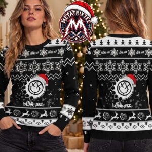 Blink-182 Rock Band Smiley Face Santa Hat Pattern Gift For Fan Knitted Ugly Christmas Sweater