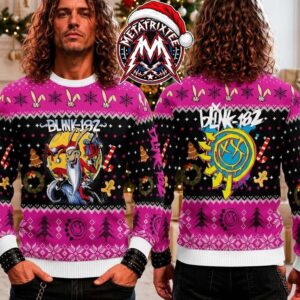 Blink-182 Santa Bunny Smiley Face Rock Band Pink Christmas Knitted 2026 Knitted Ugly Christmas Sweater