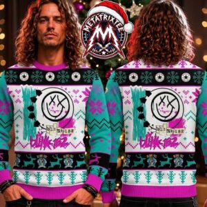 Blink-182 Smiley Face Punk Rock Teal Magenta Fair Isle Pattern 2026 Knitted Ugly Christmas Sweater