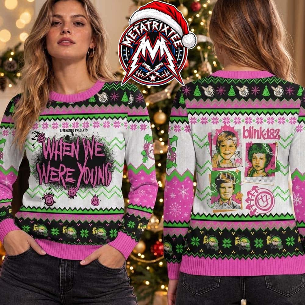 Blink-182 When We Were Young Childhood Photos Pink Green Pattern 2026 Knitted Ugly Christmas Sweater Blink-182 When We Were Young Childhood Photos Pink Green Pattern 2026 Knitted Ugly Christmas Sweater