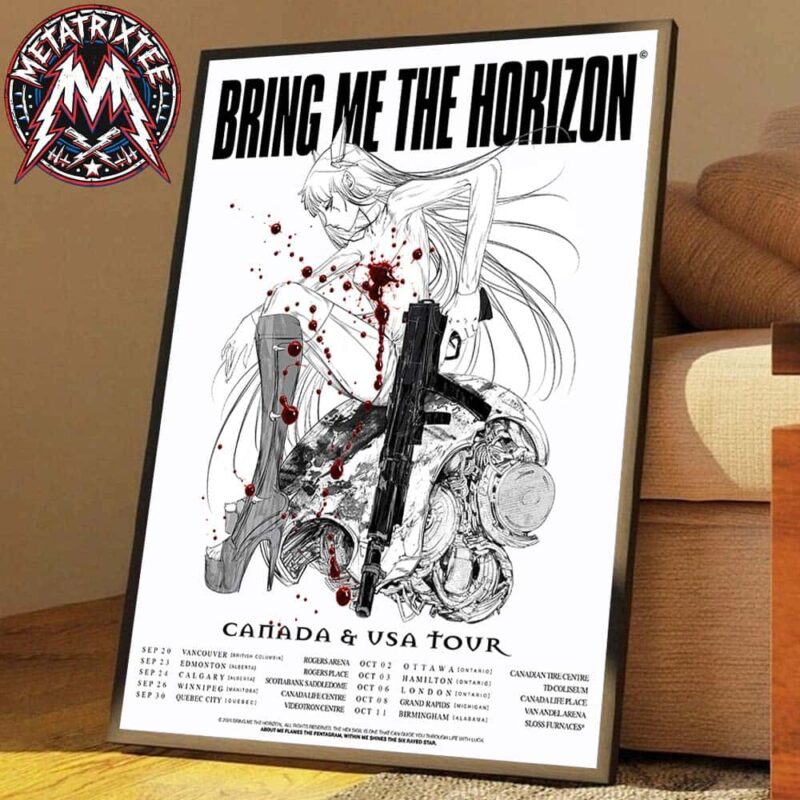 Anime style manga illustration with red splatter detailing Bring Me The Horizon Canada and USA tour dates.