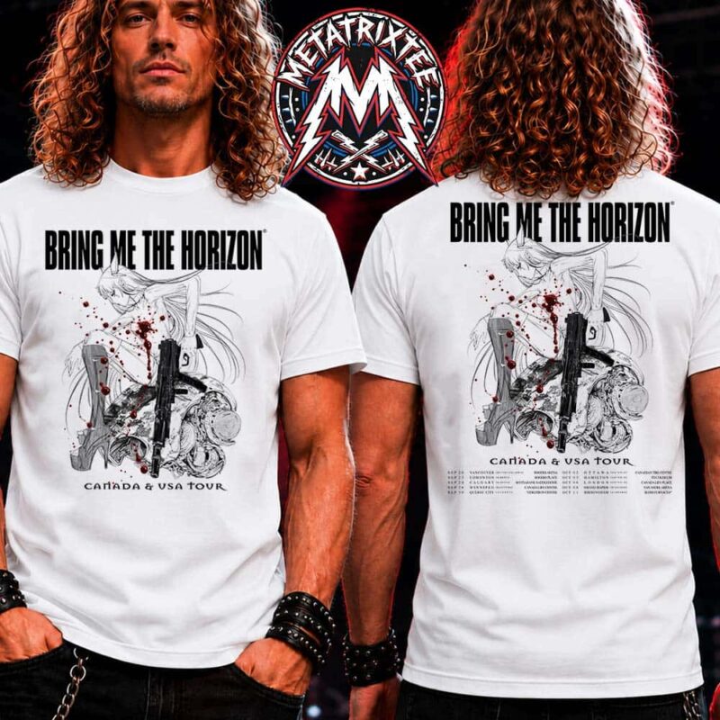 White T-shirt featuring Bring Me The Horizon text and anime-style warrior artwork with red splatters and tour dates list.